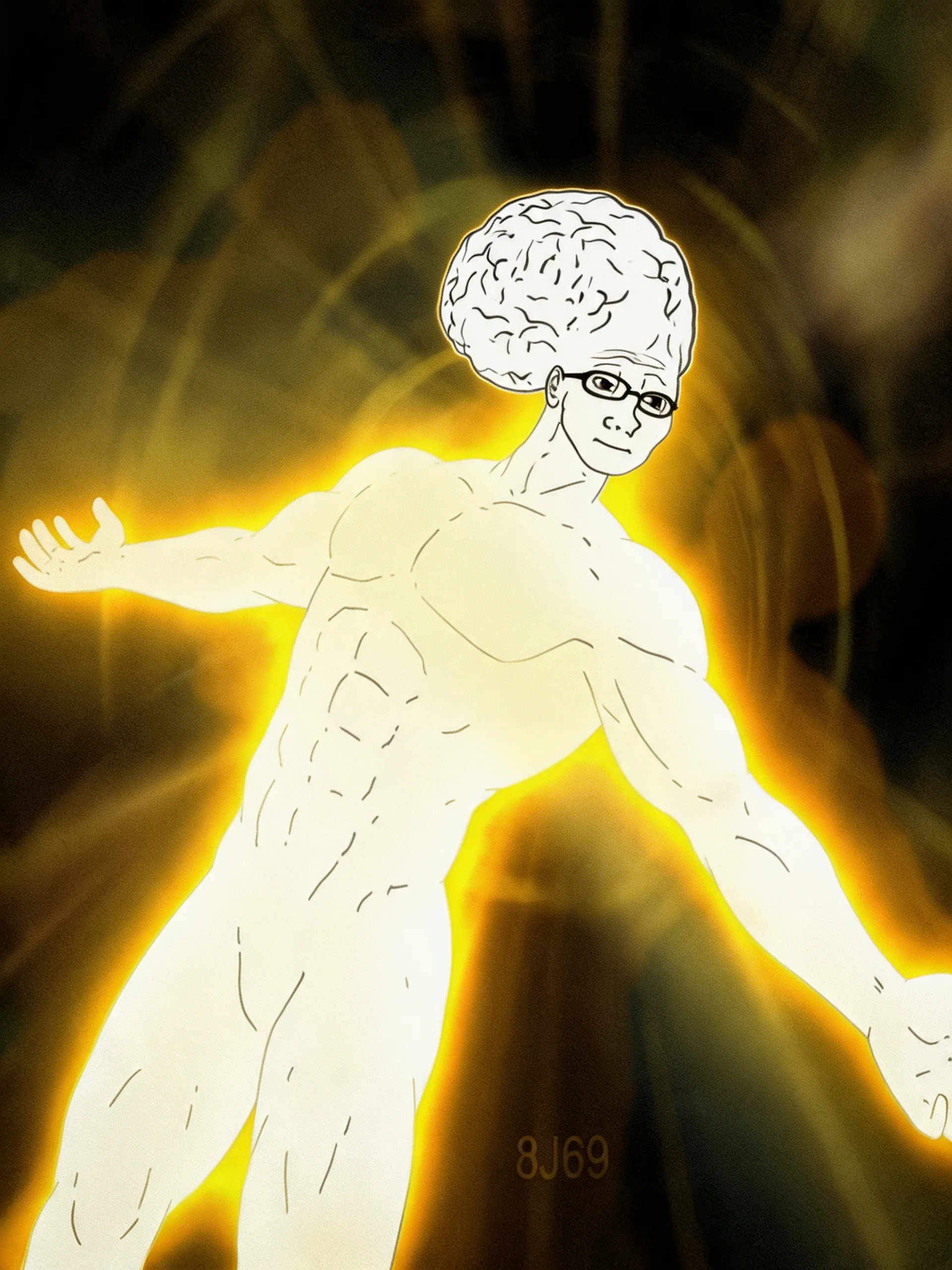 brain wojak ascending in golden cosmic energy